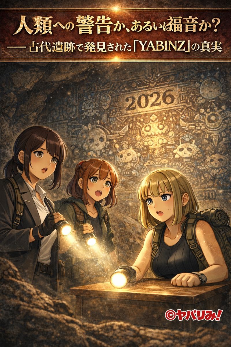 古代遺跡の洞窟内で、ライトを手にしたリコ・ルミ・ナジカの3人が、壁一面に描かれた「2026」と無数の謎の存在が刻まれた壁画を発見し、驚きの表情で見つめている場面