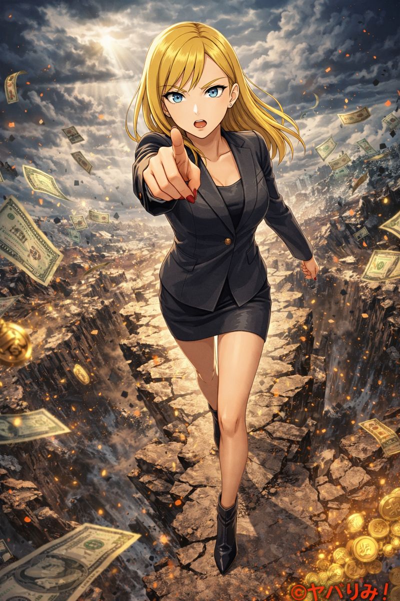 崩れ落ちる地面の上を迷いなく前進し、見る者を指差すナジカ。金髪と鋭い青い瞳を持つ彼女は、ダークスーツに身を包み、背後では紙幣と金貨が嵐のように舞い散っている。経済崩壊と選択の緊張感を象徴するイラスト。