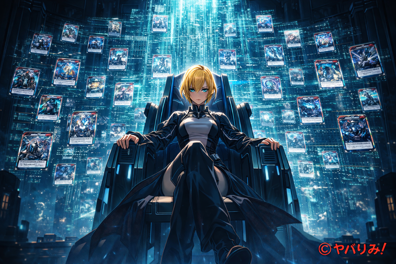 巨大なホログラム空間の玉座に座る金髪のナジカ。冷静で鋭い青い瞳をこちらに向け、未来的なスーツ姿で堂々と腰掛けている。背後には無数のYABINZカードが光の壁となって浮遊し、デジタル都市のような青い情報の奔流が広がっている。全体はSF的で荘厳な雰囲気に満ち、新しい経済圏と物語の支配者を象徴するビジュアル。右下に赤字で©ヤバりみ！が表示されている。