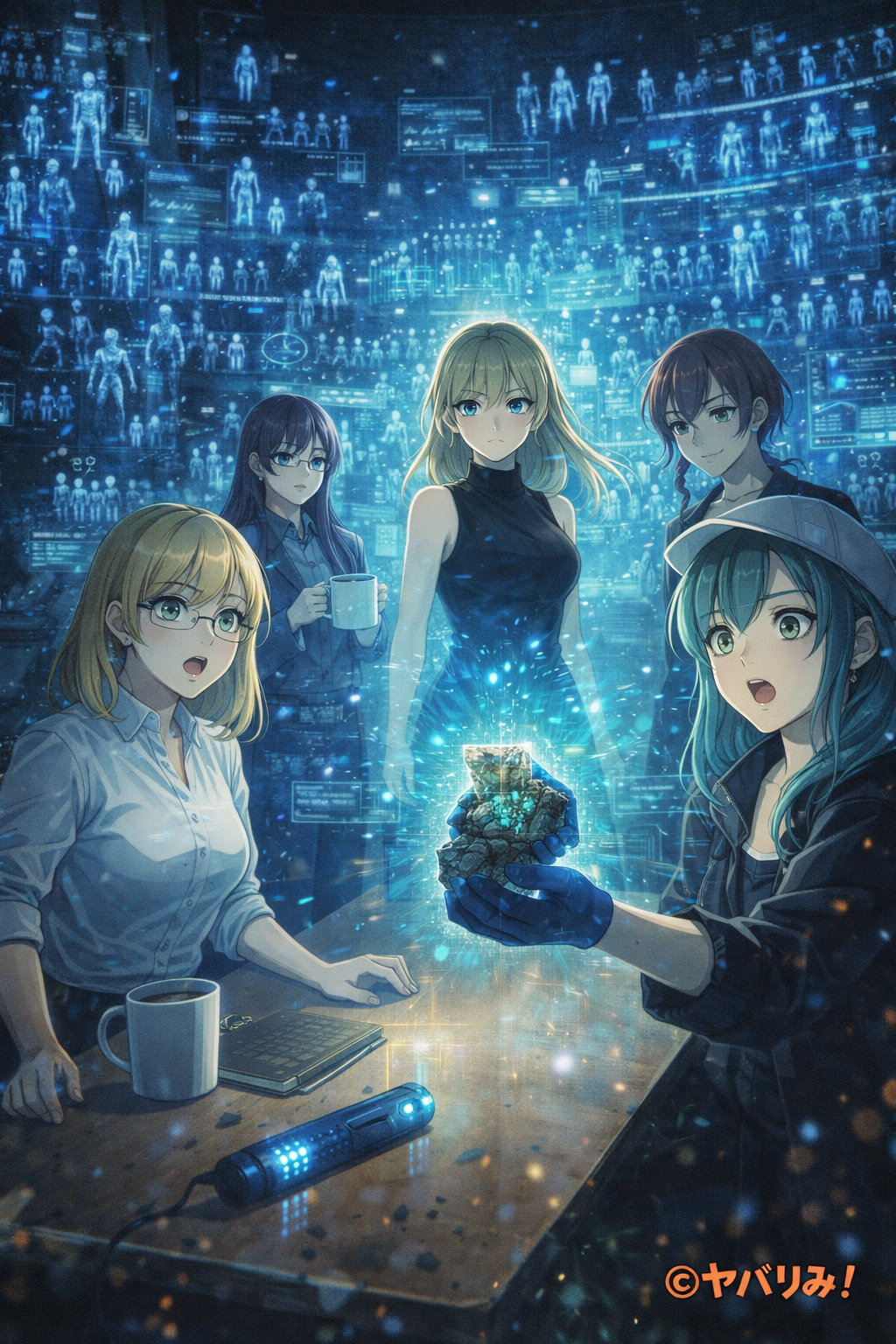 編集部のテーブル上で発光し宙に浮かぶ古代壁画の石片と、それを囲んで驚愕するナジカ、リコ、ルミ、あかね、あかり。壁一面に無数のYABINZのホログラムデータが投影されている瞬間。