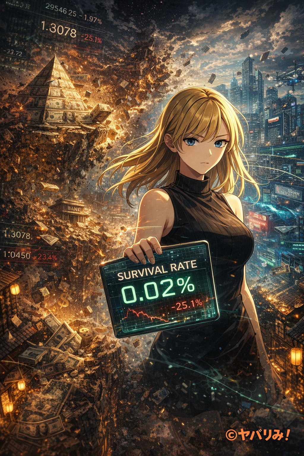金融システムが崩壊する未来都市を背景に、金髪の女性ナジカが「SURVIVAL RATE 0.02%」と表示されたホログラム端末を掲げ、冷静な表情でこちらを見つめているアニメ風イラスト。
