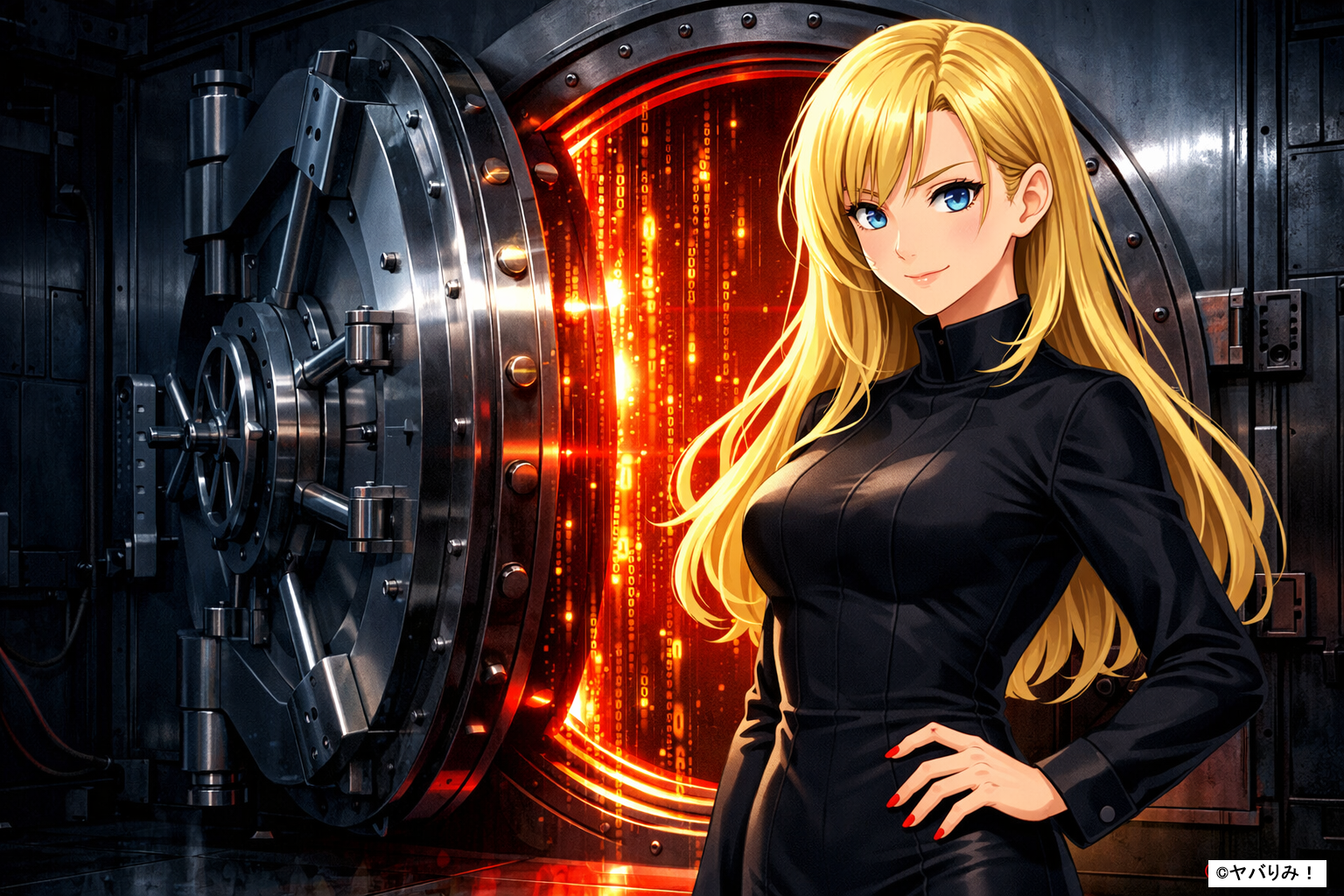 巨大な鋼鉄製の金庫扉の前に立つ、長い金髪と鋭い青い瞳を持つ女性ナジカ。黒のハイネック戦術ドレスを身にまとい、わずかに開いた金庫から漏れる赤と金のデジタル光に照らされている。右下に©ヤバりみ！の表記。