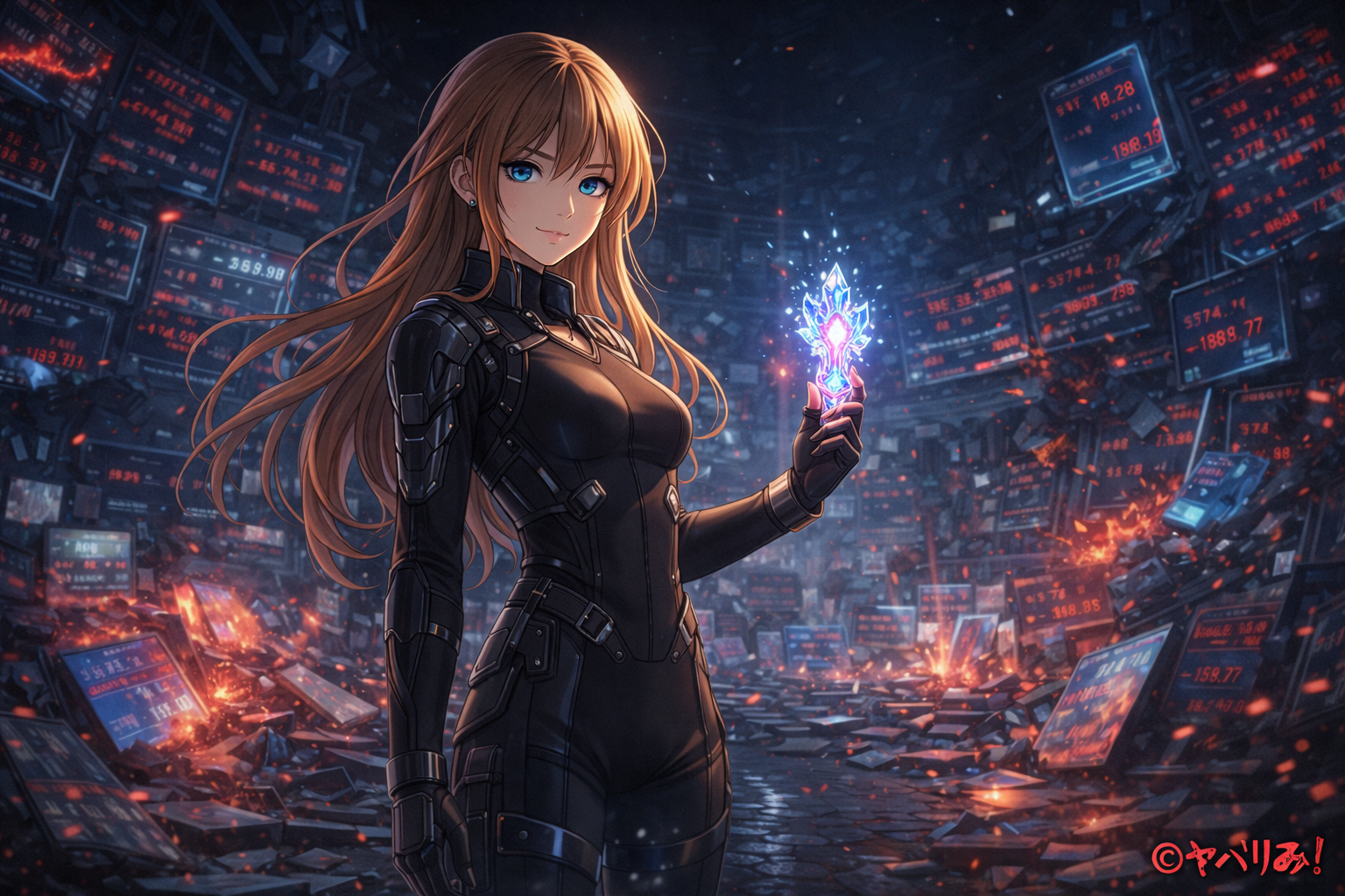 黒いタクティカルスーツを着た知的な女性ナジカが、崩壊したデジタル株式市場の中で発光する結晶の鍵を手に立っているアニメイラスト。赤く点滅する株価スクリーンと割れたガラスが背景に広がり、金融崩壊と未来の選択を象徴している。