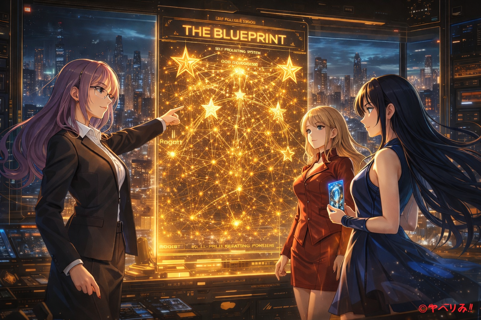 Riko, Rumi, and Najika surrounding a glowing golden holographic "Blueprint" in a futuristic command center. The hologram displays a network connecting 100 stars (Knights) to 100,000 points of light (Pioneers), symbolizing the expansion of the self-proliferating new economy. A cinematic anime-style scene set against a 2026 night cityscape.未来の司令室で、黄金に輝くホログラムの「設計図（The Blueprint）」を囲むリコ、ルミ、ナジカの3人。ホログラムには100の大きな星（騎士）と10万の光の点（先駆者）を結ぶネットワークが描かれ、自律型増殖システムによる新経済圏の広がりを象徴している。背景には2026年の夜景が広がり、希望に満ちたシネマティックなアニメスタイルの描写。